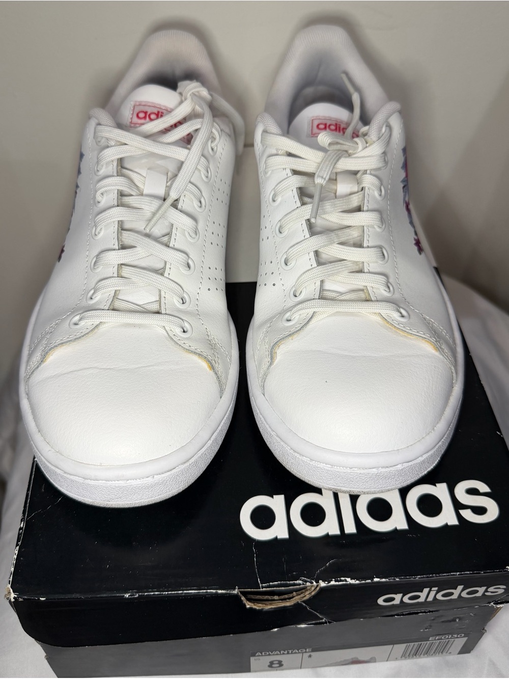 Adidas Advantage Women’s Size 8 White Floral Sneakers Pink Flowers EF0130
